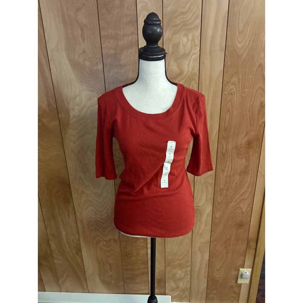 Banana Republic Womens Ribbed Elbow Sleeve Scoop Neck Top Rust Orange Red M NWT